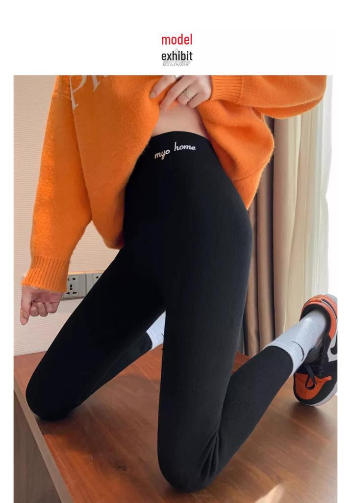Gray High-Waisted Velvet Leggings, Warm Wool & Cotton Blend, Elastic, Thickened for Short Women, Perfect for Spring & Autumn Outerwear.