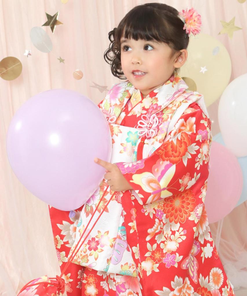 Kimono Set for Set Patterned Nagajuban Hair Drawstring Zori Waist and Tabi Scarlet Flower with Dancing [KYOETSU] Shichi-Go-San Ceremony, 3-Year-Old