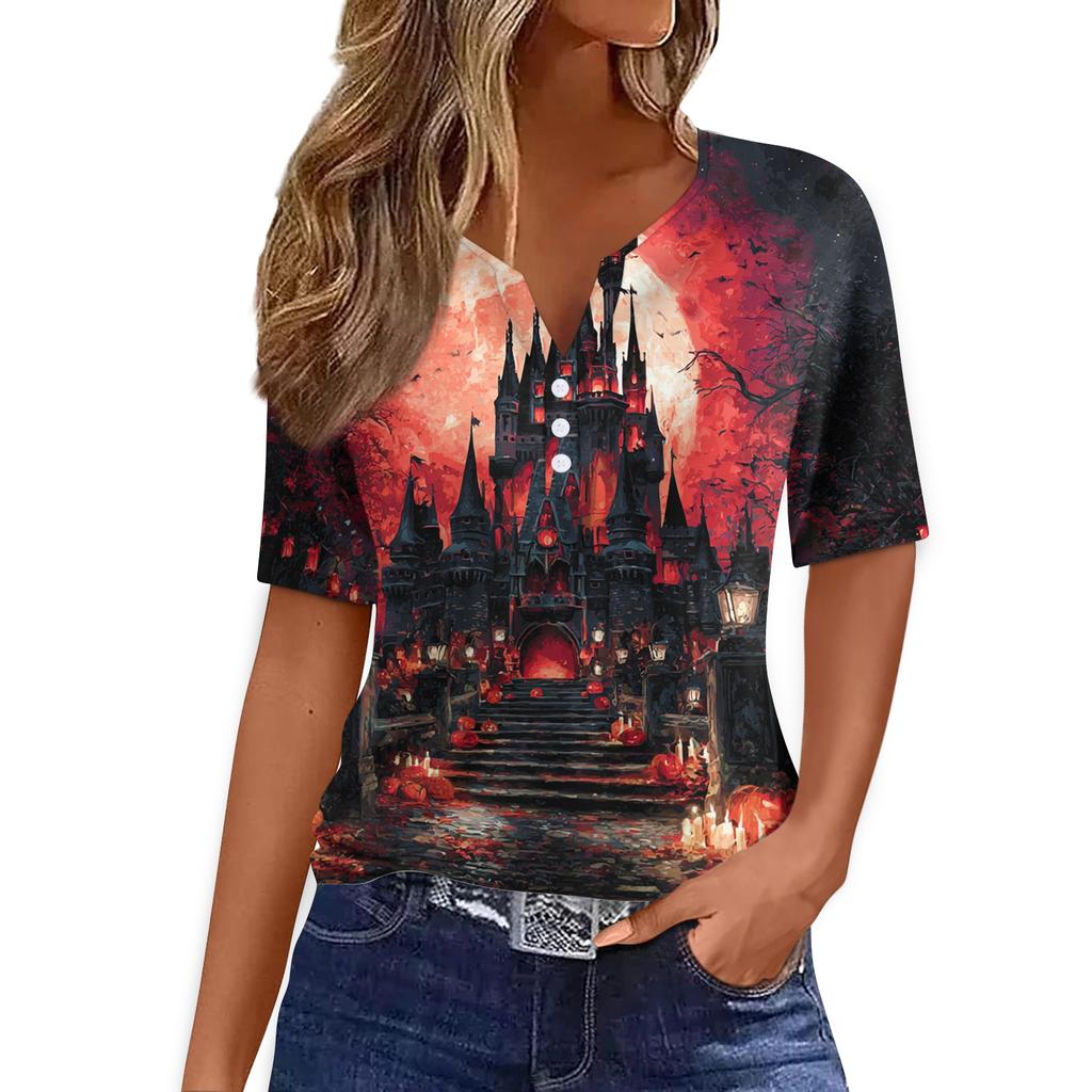 Women's Halloween Printed V-Neck Short Sleeve T-Shirt with Decorative Buttons Casual Top