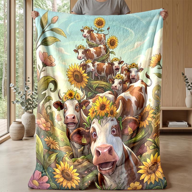 Sunflower Cow Tower Theme Blanket Lightweight Warm Flannel Blanket Decorative Throw Blanket for Home Decoration