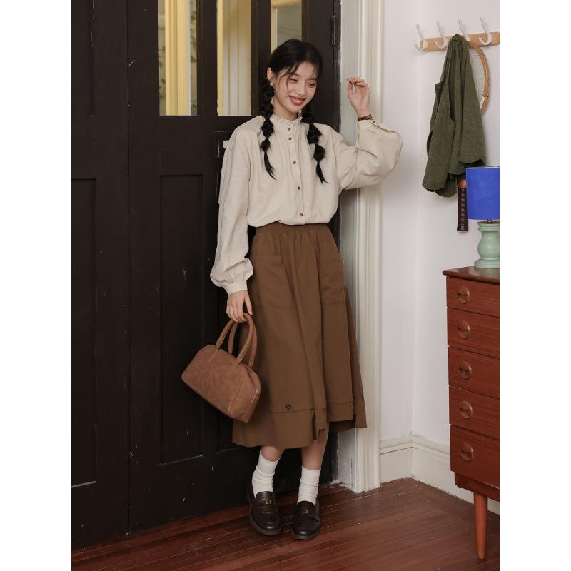 2026 Spring Women's Japanese Stand Collar Lace-Trimmed Slim Shirt