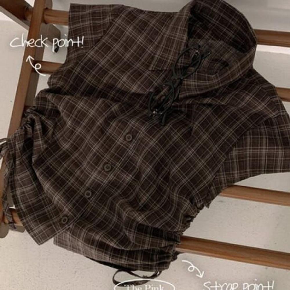 The Pink Short Sleeve Check Side Shirring Shirt Daff