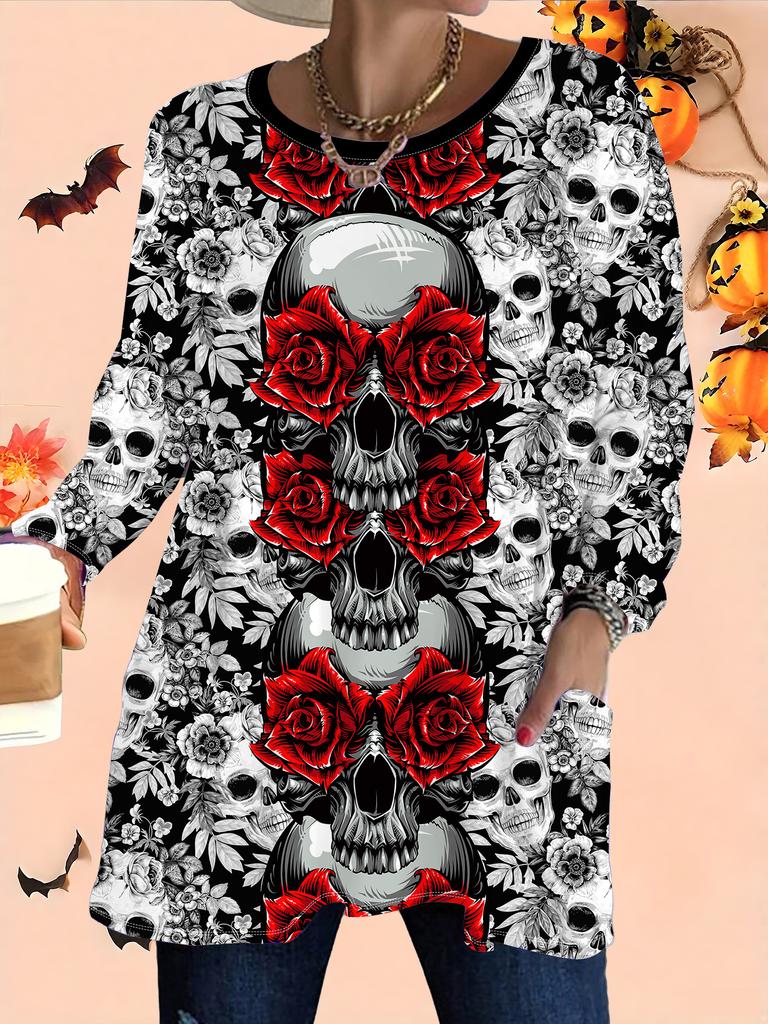 2025 Autumn Winter New Plus Size Women's Tops, Halloween 3D Print Fashion Crew Neck Long Sleeve T-Shirts