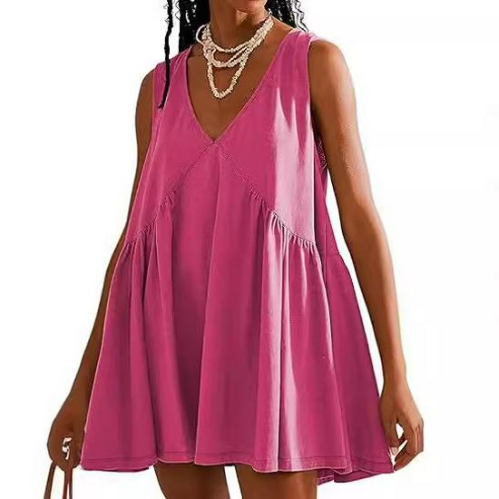 2025 European & American Women's V-Neck Sleeveless Pleated Pocket Dress - Spring/Summer Trend