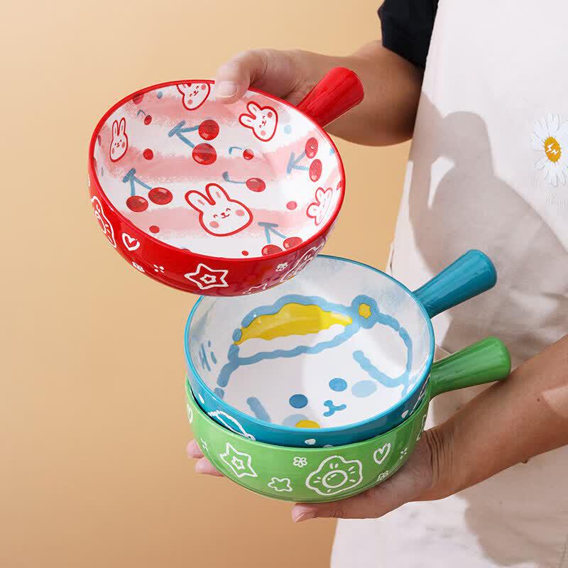 Cartoon Ceramic Baking and Salad Bowl with Handle