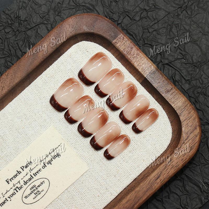 Autumn Color Gradient French Tip Removable Manicure Set - High-End Skin Whitening Wearable Nails Small (S)