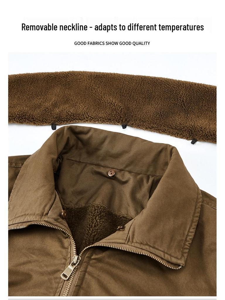 2025 Men's Velvet Jacket: Wear-Resistant, Warm, Detachable Fur Collar, Cotton Coat