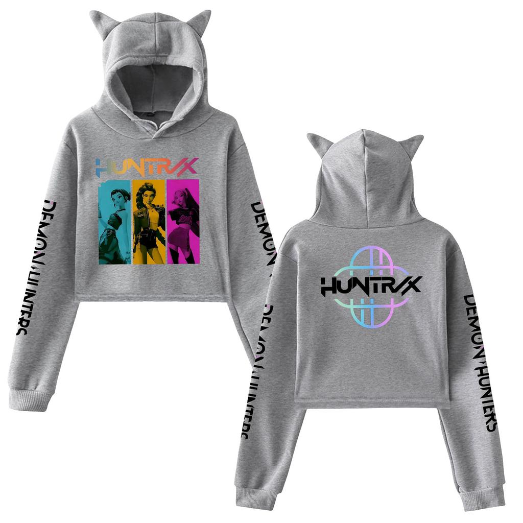 Kpop Demon Hunters Crop Tops Cat Ears 2 Sided Long Sleeve Crop Tops Girls Fashion Hoodie