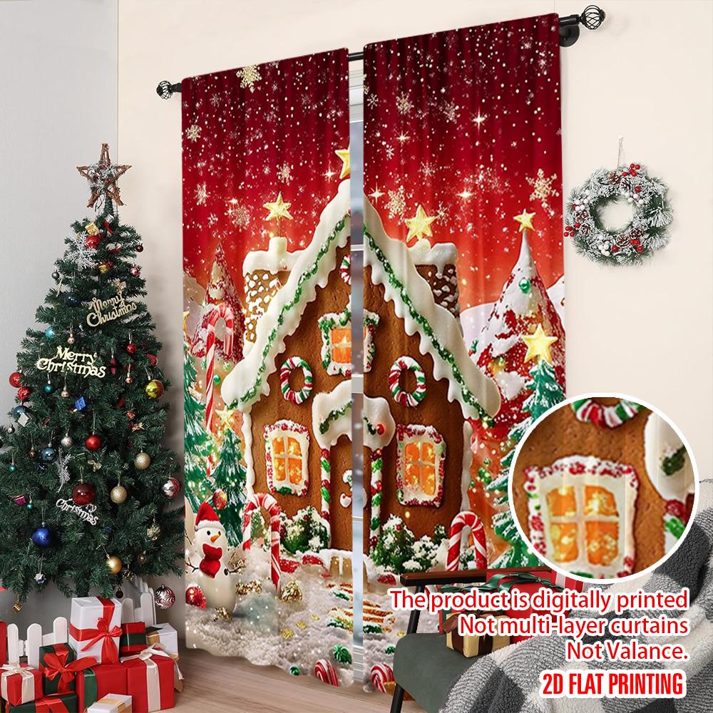 2pcs 2D Flat Printing Christmas Curtains Merry Christmas Gingerbread House with Santa Tree Lollipop Party Versatile Fabric