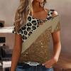 Women Leopard Print Stitching Print Stitching Print Cold Shoulder Short Sleeve T Shirt Irregular Cutout Neck Casual Summer Blouse Top