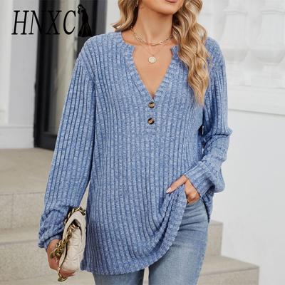 Women's Fashion Casual Autumn Winter Solid Color Print Long Sleeve V Neck Blouses & Shirts