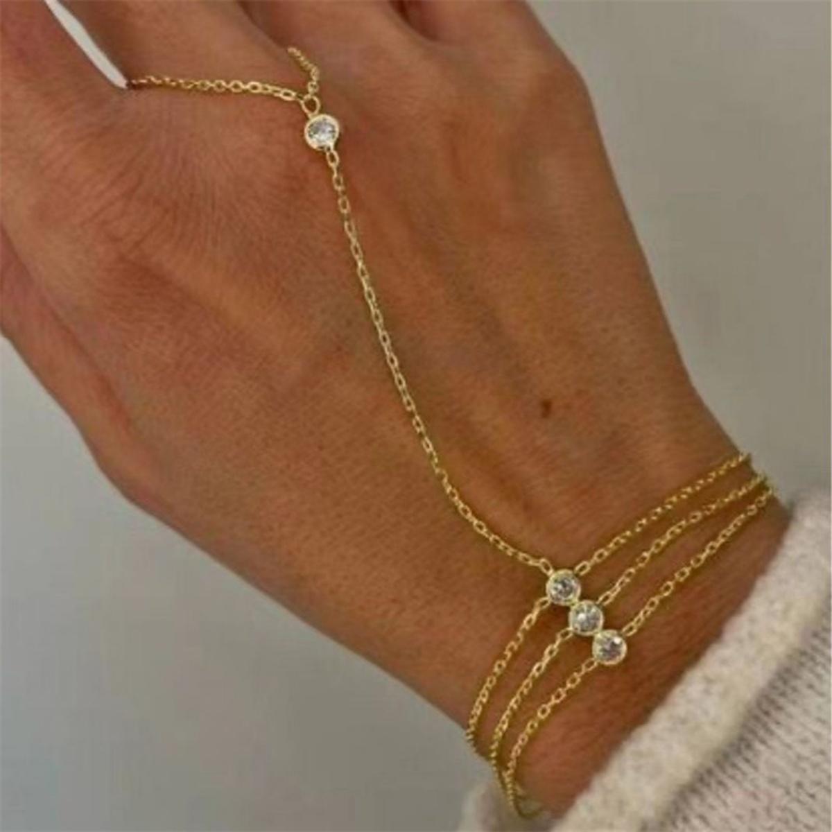 Minimalist Rhinestone Finger Chain Bracelets For Women Men Elegant Exquisite Waterdrop Round Zircon Ring Bangle Party Zircon