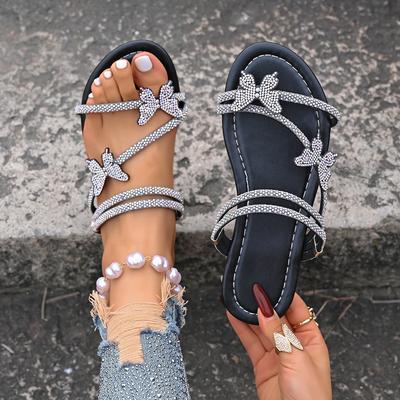 Flat Rhinester Butterfly Open-toed Slippers for Women 2025 Summer Fashion Slippers