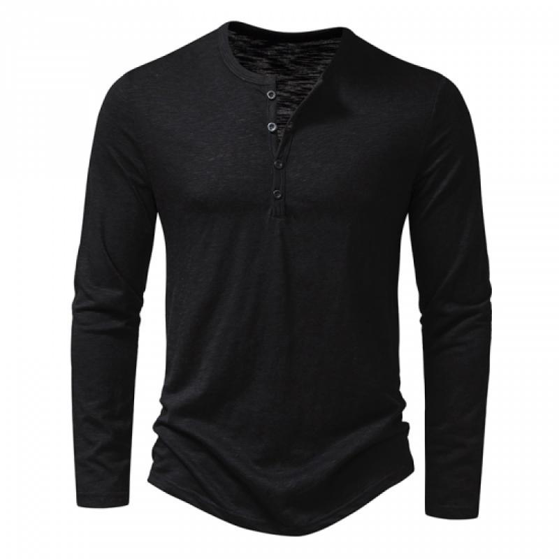 2024 Men's Cotton Button Henley Neck Shirt Long Sleeve Casual Button Solid Color Fashion T-Shirts