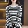 Elegant Round-neck Knitted Sweater for Women Contrasting Color Striped Sweater for Women Loose Long-sleeved Pullover for Autumn and Winter