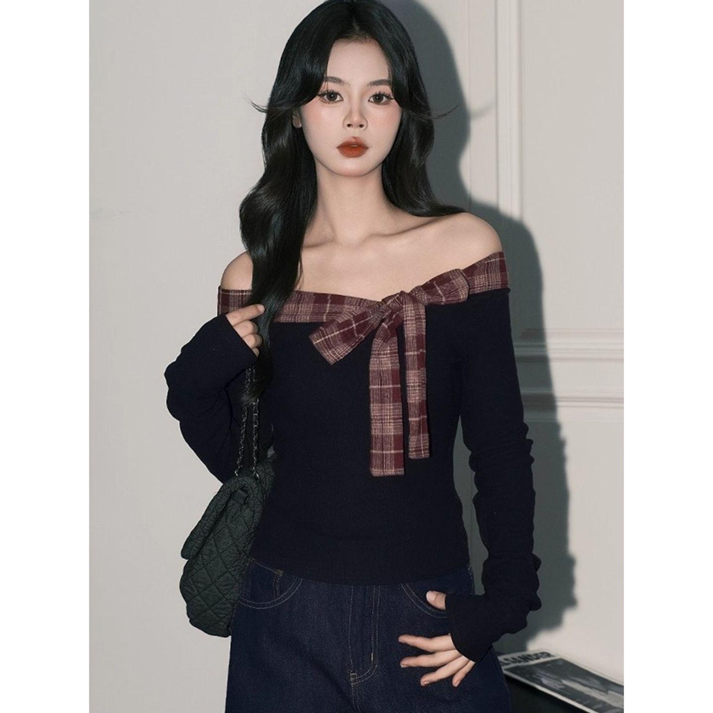 Sweet & Spicy Plaid Patchwork Bowknot One-Shoulder Slimming Long-Sleeve Women s Top (Spring 2026) M чёрный