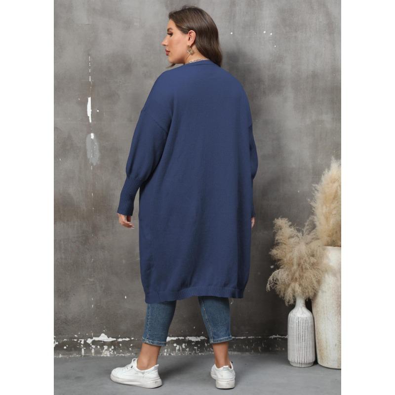 Damen Übergröße Locker Mittellang Laternenärmel V-Ausschnitt Doppeltasche Strick Cardigan Pullover