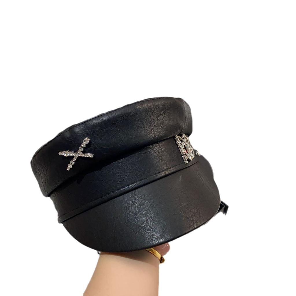 R Leather Navy Hat, European Station Versatile Black Newsboy Hat Women'S Spring And Autumn Fashionable Flat Top Cap