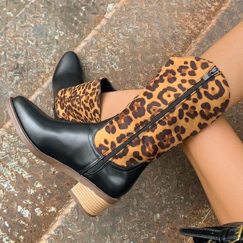 Fashion Mid-heel Chelsea Boots Women Leopard Print Fashion Warm Boots 2024 Brand Design Winter Punk Thick-soled Womens Boots Botas Mujer