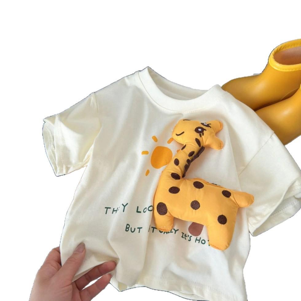 Unisex Koszulka Bawełniana dla Dzieci, Urocza Żyrafa 3D, Krótki Rękaw, Styl Letni