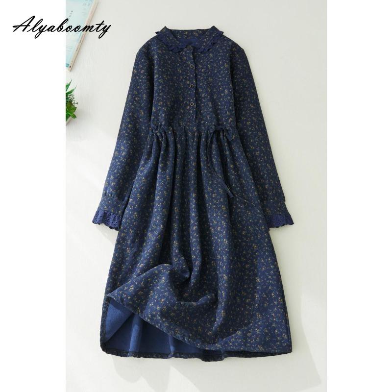 Japanese Mori Girl Autumn Winter Women Midi Dress Turn-Down Collar Red Navy Blue Floral Print Lace Up Dress Fleece Thick Warm Vintage Dress