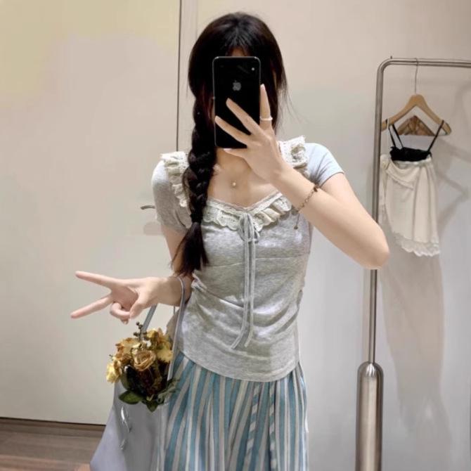 

Women s Summer 2025 Lace Trim Tie-Up Patchwork Pleated Top S Premium серый