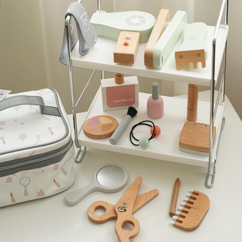 Kids Makeup Set Hairdressing Simulation Wooden Beauty Fashion Combs Hair Dryer Pretend Play Barber Makeup Kit Girl Toy