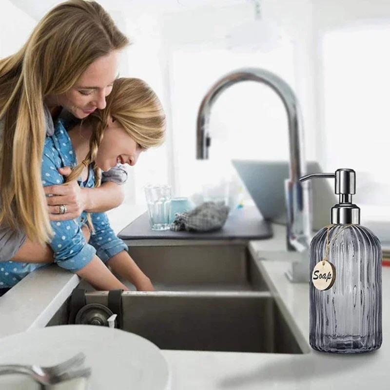Transparent Glass Soap Dispenser, Suitable for Both Kitchen and Bathroom Use, Hand Sanitizer, Shower Gel, Shampoo Bottle, Reusab