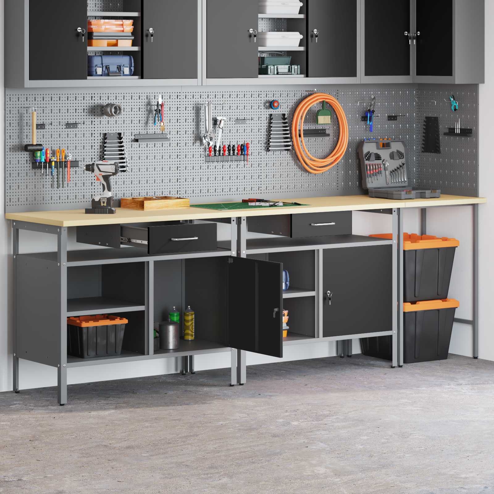 Werkbank-Set 3 Teile Rot und Grau Pulverbeschichteter Stahl