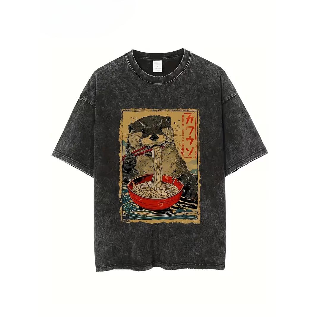 

Otter Printed Tee for Eating Lamian Noodles Japanese Ukiyoe Neutral Tee Round Neck Cartoon Tshirt Retro Washed Black Tshirt S