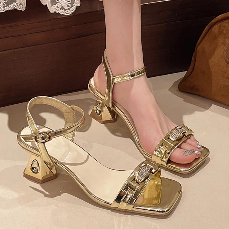 Fashion Gold Silver Women High Heels Sandals 2025 New Square Toe Shiny Crystal Sandals Woman Ankle Straps Thin Heel Party Shoes Women