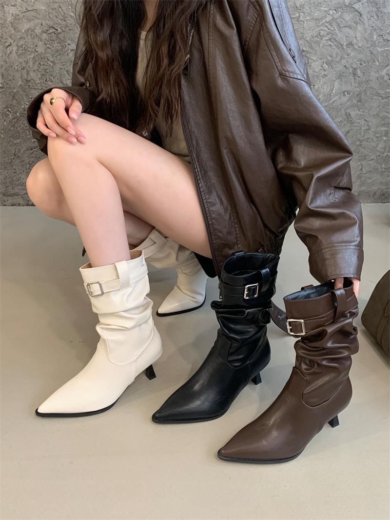 

Temperament Pleated Pile Boots Women s 2025 Autumn and Winter New Pointed Thin Heel Medium Boots Belt Buckle High Heel Skinny Boots 39 абрикосовый