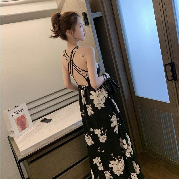 2020 Summer Korean Midi Backless Spaghetti Strap Beach Dress