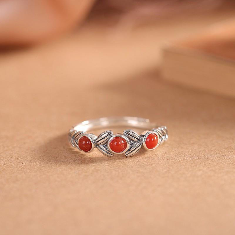 Adjustable Open Ring With Red Agate Wheat Motif Minimalist Vintage Boho Jewelry Women Men