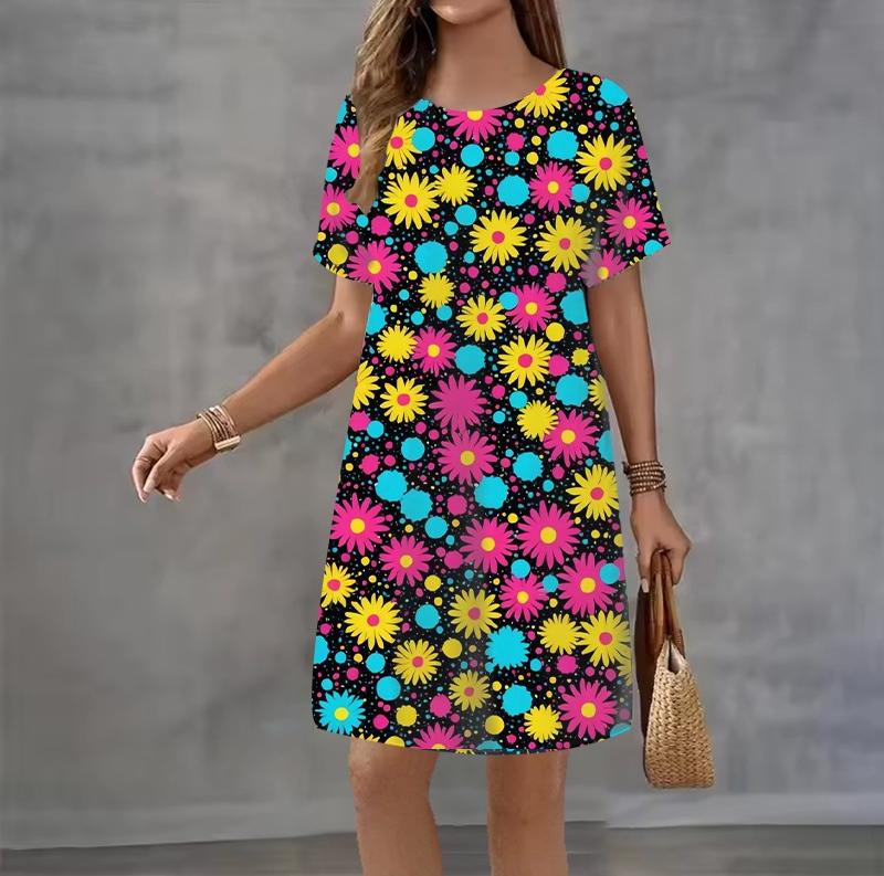 Modisches 3D-Druck Sommerkleid Locker Lässig Kurzarm Rundhals Minikleid