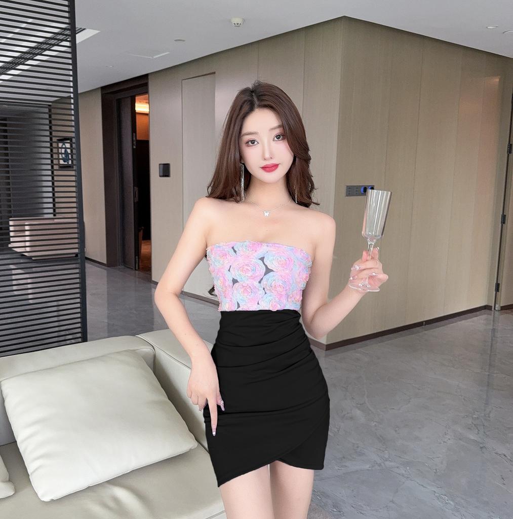 Sexy low-cut one-word collar flower splicing waist-wrapped hip tube top base dress store bouncing women's clothing
