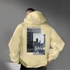 Black and White City Street Scene Back Large Print Loose Hooded Sweater Men and Women Casual Pullover
