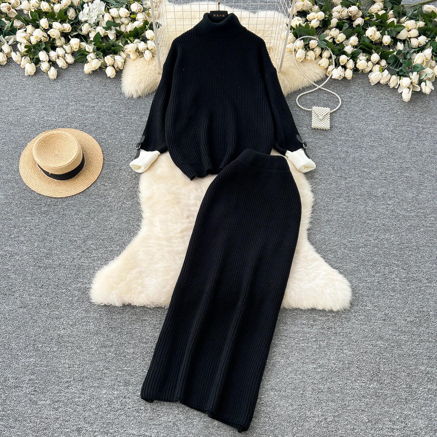 

Шикарні жіночі комплекти з двох предметів, водолазка з довгим рукавом, тонкий клаптевий топ і спідниця з високою талією, корейська мода, осінньо-зимовий одяг One Size чорний