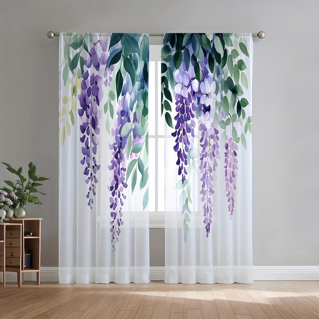 Set Of 2 All Season Wisteria Blue Vine Curtains Polyester Living Room Dining Bedroom Windows Doors Curtain Light Filtering For Sitting Made With Rod