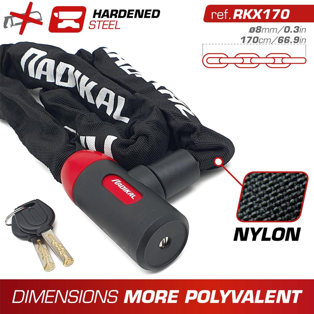 RADIKAL RKX170 Sikkerhetskjede for og 8mm Lang Flerbruks Garasjeanker Motorsykler, Scootere, Sykler, Stål, Lås, 120cm,