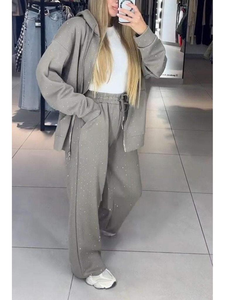 Women's Autumn/Winter Casual Zipper Hoodie & Wide-Leg Pants Set