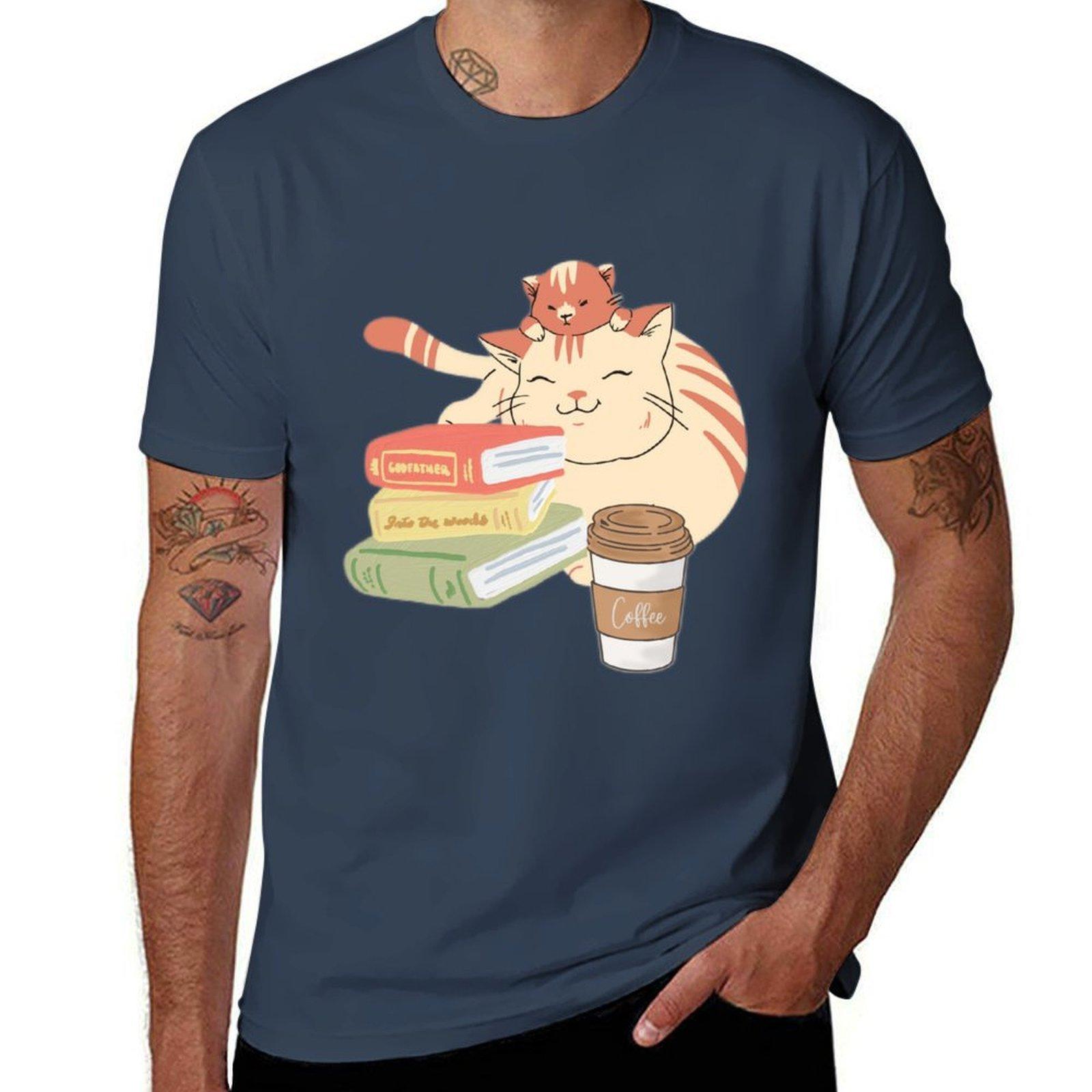Cat Coffee Books Tshirt Work Utility Casual Tee Shirt S