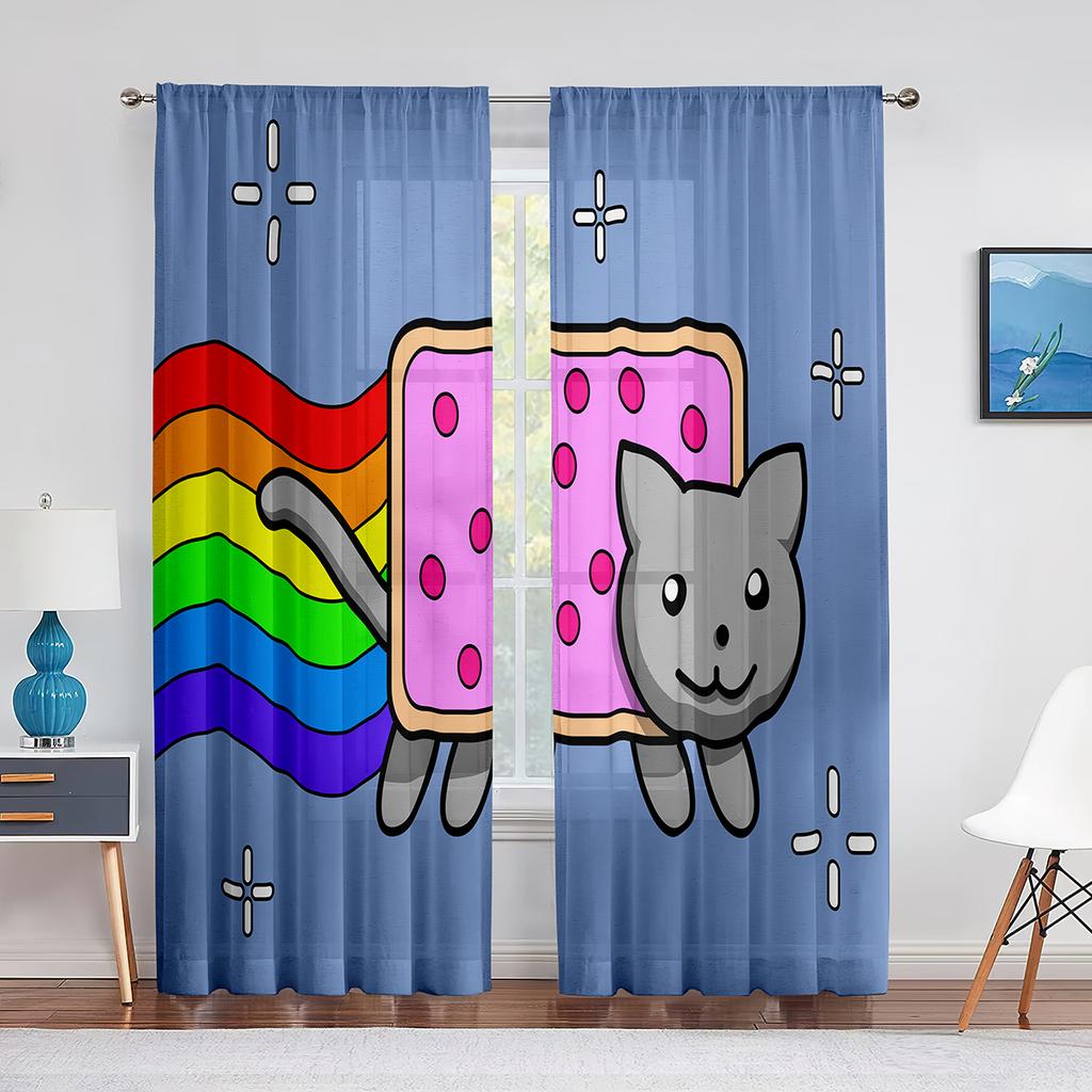 Cartoon Cat Reading Book Pink Sheer Voile Curtain Kawai Animal Window Tulle Curtains for Living Room Kids Bedroom Kitchen Decor