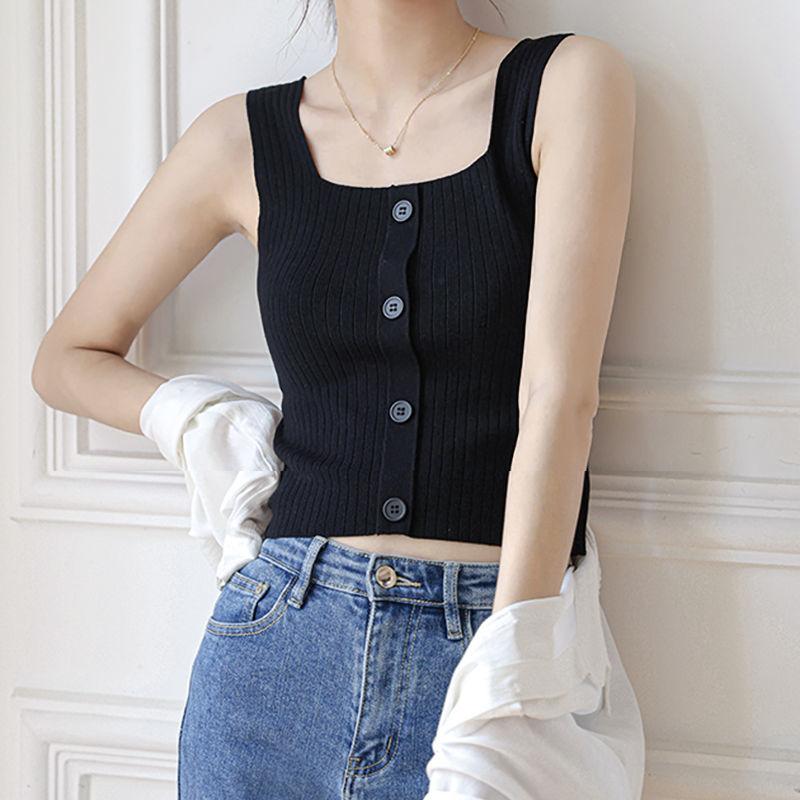 Square Neck Tank Top Knitted Crop Tops Women Summer Camis Button Camisole Fashion Casual Tube Female Sleeveless Cropped Vest