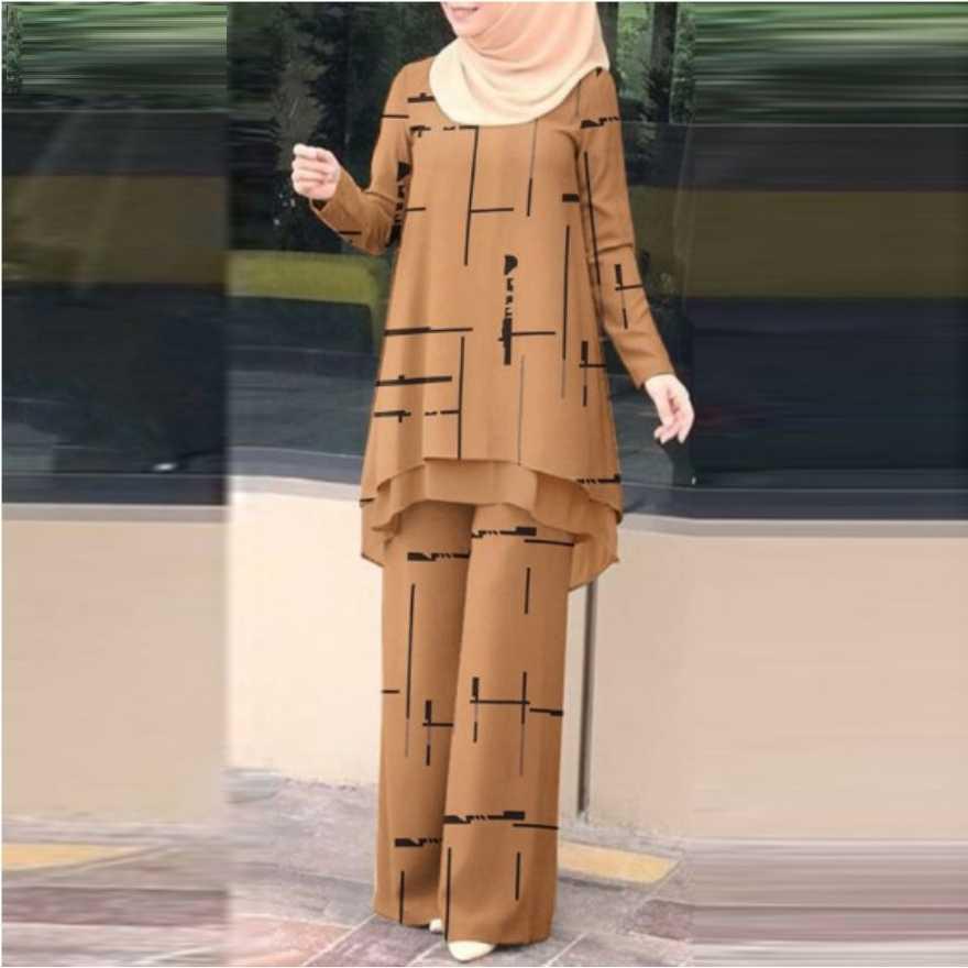 Women's Muslim Daily Double-Layer Vertical Stripe Chiffon Set with Elastic Waistband