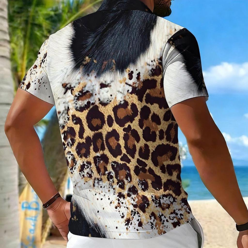 Women Short Sleeve Polo Shirt Khaki Black Brown Full Leopard Spot Print Half Zip Lapel Top