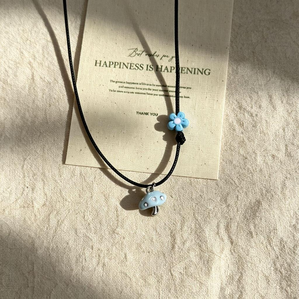 Children's 3D Cartoon Mushroom Flower Black Necklace - Cute & Colorful Clavicle Chain
