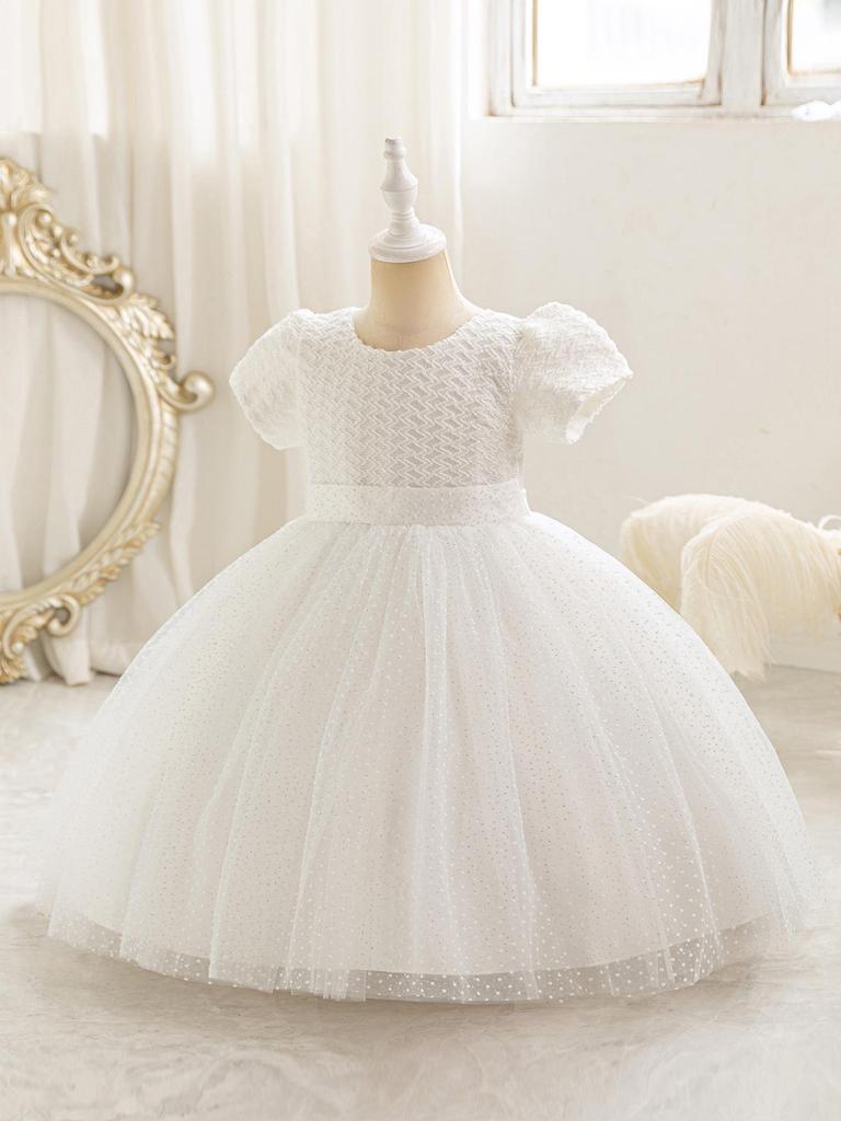 Sequin Puffy Princess Dress for Girls - Evening & Catwalk Performance Attire with Bubble Sleeves