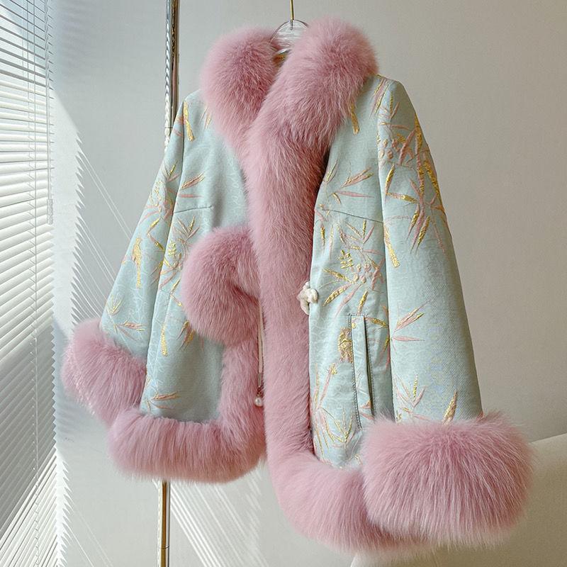 Satin National Style Buckle Imitation Fox Fur Coat Women's Young Fur Coat Winter New