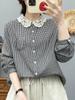 Women's Long Sleeve Plaid Shirt with French Lace Collar, Soft Skin-Friendly Double Layer Cotton